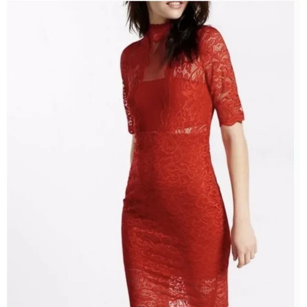 EXPRESS RED STUNNING lace mock neck sheath dress Size 10